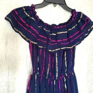 Maison Jules Blue Cotton  metallic stripe Ruffe Maxi Dress Women’s  XXS